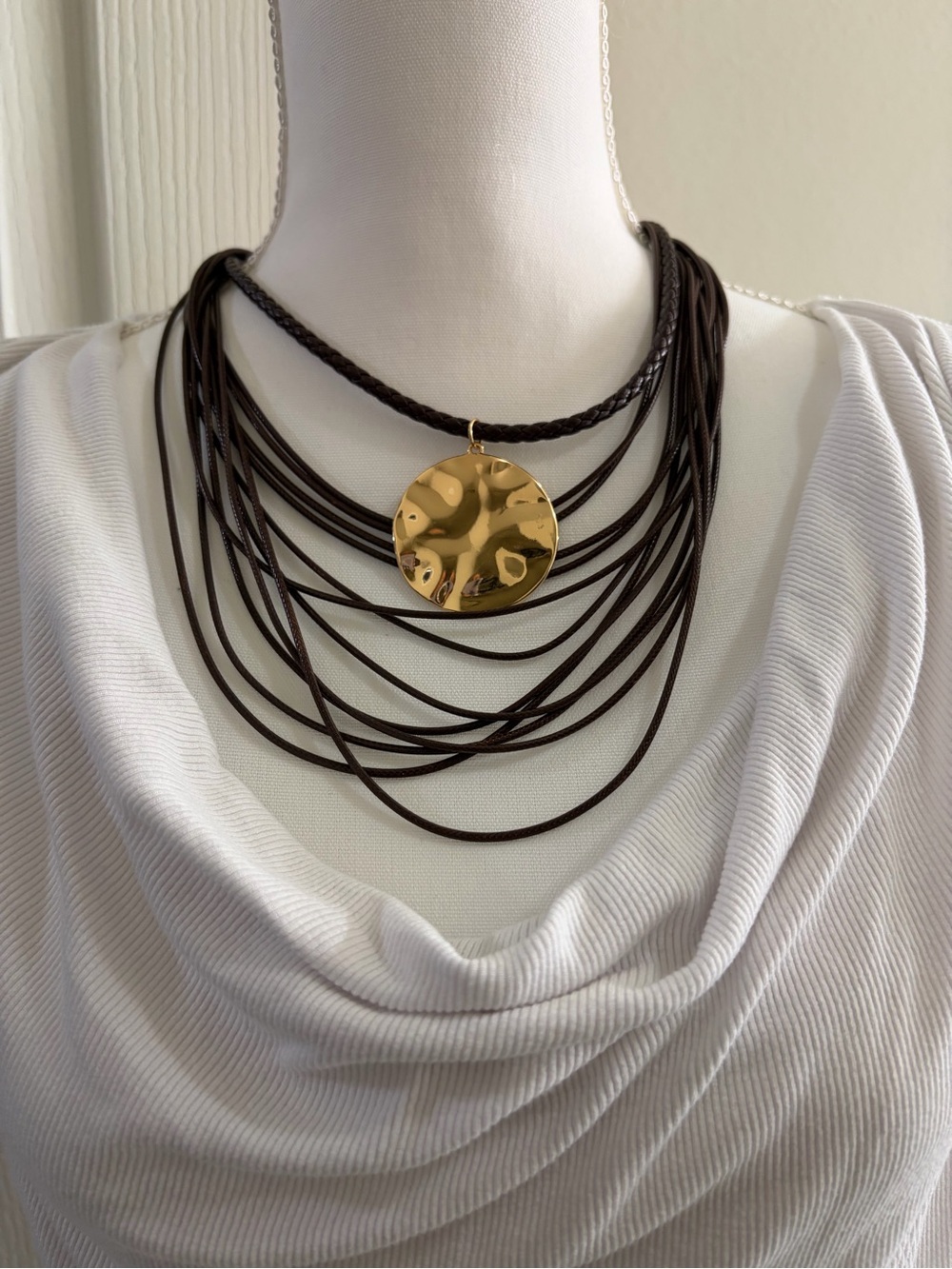 Cato Gold Hammered Disk Multi-Strand Brown Necklace